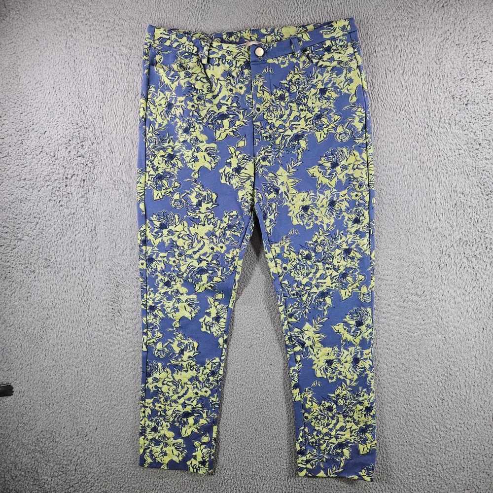 Soft Surroundings Blue Lime Green Floral Slim Leg Pants Womens‎ Medium